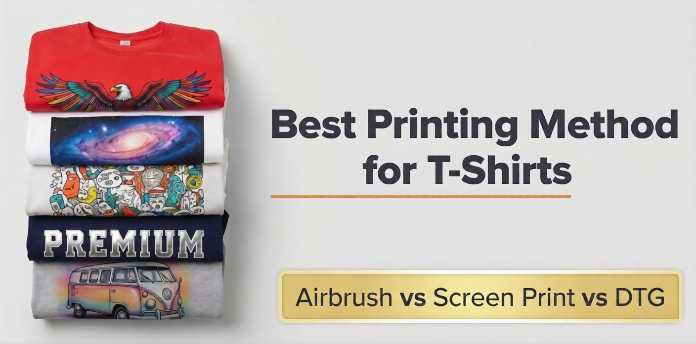 A graphic featuring a colorful stack of folded custom t shirts next to text exploring the Best Printing Method for T-Shirts, comparing Airbrush, Screen Print, and DTG to help brands choose the best printing method for clothing and high-quality custom merchandise