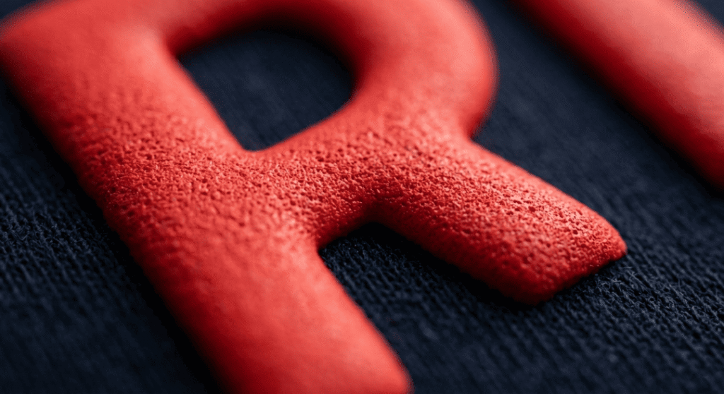 Extreme macro of red puff printing ink texture and height.