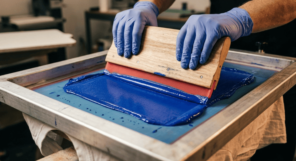 Professional screen printing process blue ink.T-Shirt Printing in Little Rock