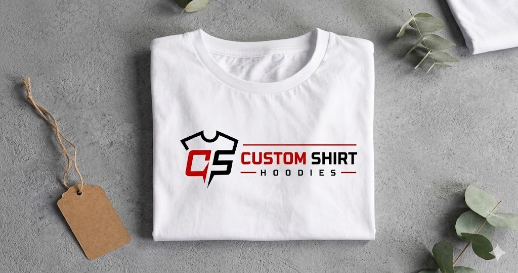 A cleanly folded white t-shirt featuring a red and black custom logo resting on a textured grey surface beside a blank cardboard tag, representing the premium retail-quality output of Custom T-Shirts Little Rock, Arkansas for all your custom apparel and t shirt custom printing needs.
