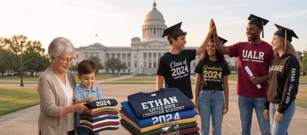 Custom Shirt Hoodies store in North Little Rock showing finished custom graduation shirts in Little Rock — personalized with graduate names, class year 2025, and school colors ready for pickup near Park Plaza