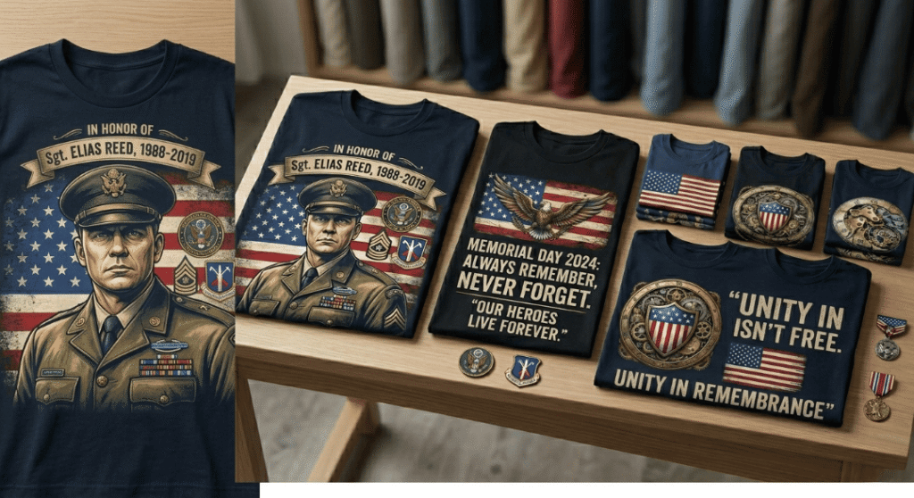 Custom memorial day shirt designs with names, dates, photos and military insignia for fallen heroes