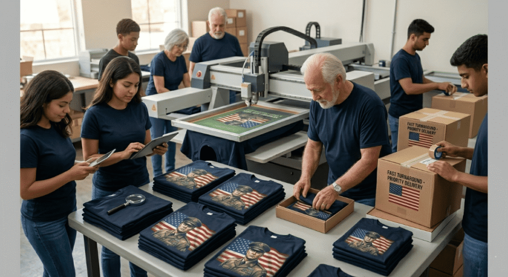Fast turnaround for memorial day shirts production - bulk order capacity for remembrance events