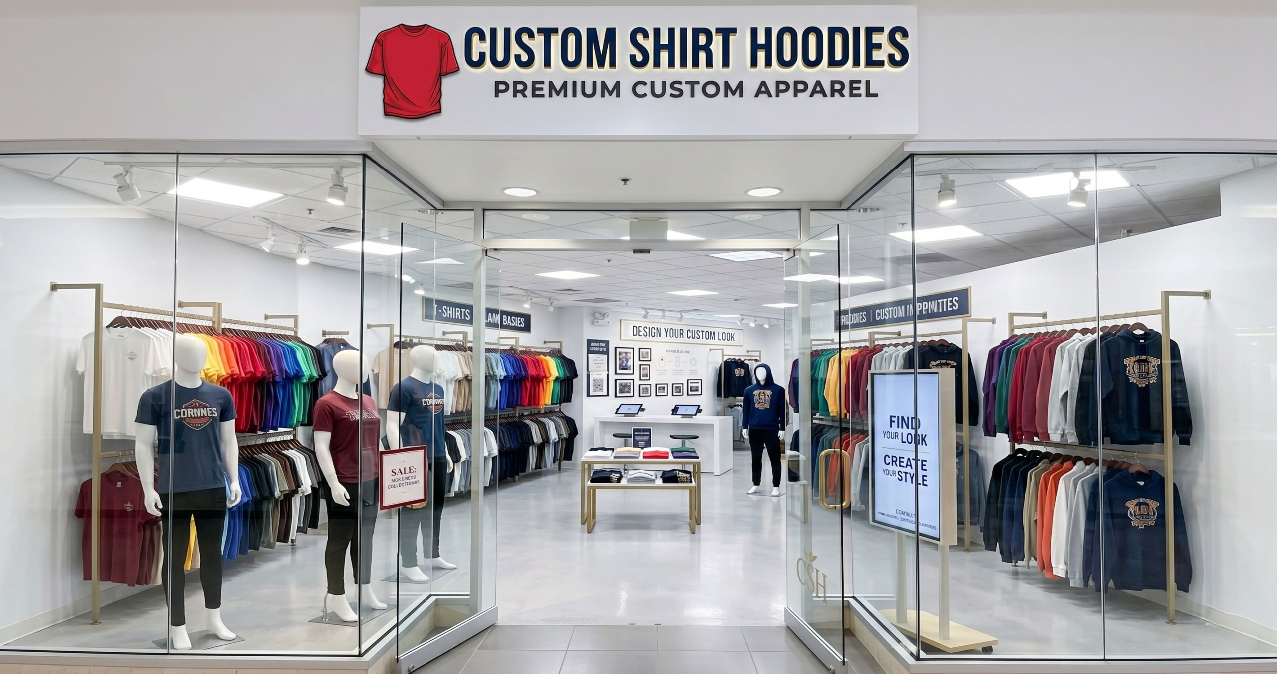 A brightly lit, modern retail storefront for Custom Shirt Hoodies displaying colorful blank apparel and styled mannequins, representing the ideal destination when searching for T-Shirt Printing Near Me and premium affordable t-shirt printing services in little rock.