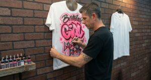 A side profile of a skilled artist holding an airbrush tool, meticulously painting a vibrant pink and black "Birthday Girl" design onto a blank white t-shirt mounted against a brick wall, showcasing the live creative process behind the best airbrush shirts little rock.
