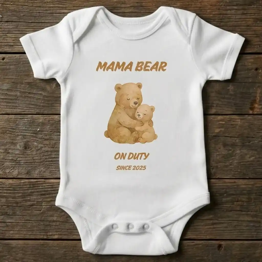 A white infant onesie laying flat on a rustic wooden surface, featuring a cute watercolor illustration of a mama bear hugging her cub with the text "MAMA BEAR ON DUTY SINCE 2025," showcasing the charming designs available when you shop for baby shower shirts little rock and custom baby shower shirts.