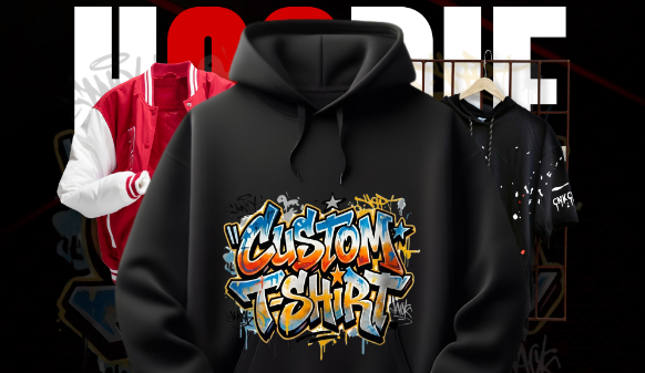 A black pullover hoodie featuring a vibrant graffiti-style 'Custom T-Shirt' design in yellow, blue, and orange, displayed alongside a red varsity jacket, showcasing premium options for custom airbrush shirts near me.