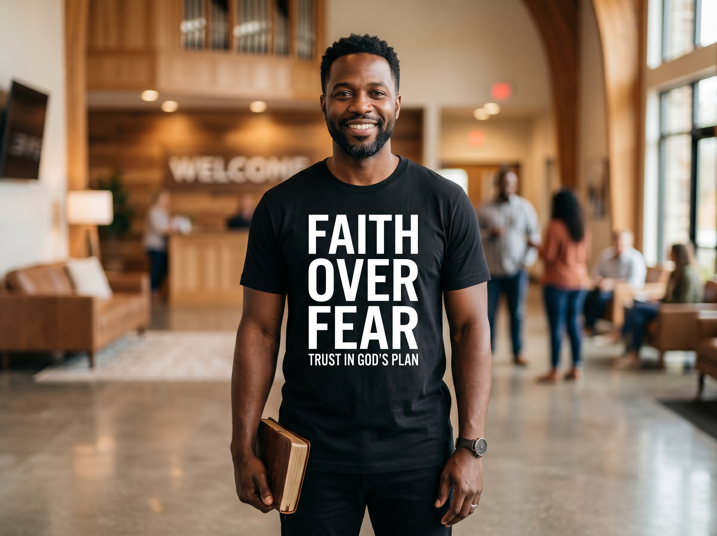 A professional close-up portrait of a smiling Black man standing in a modern church lobby holding a leather Bible, wearing a black graphic t-shirt that reads "Faith Over Fear," illustrating the uplifting community apparel options available for ministries designing custom church hoodies little rock groups proudly wear.