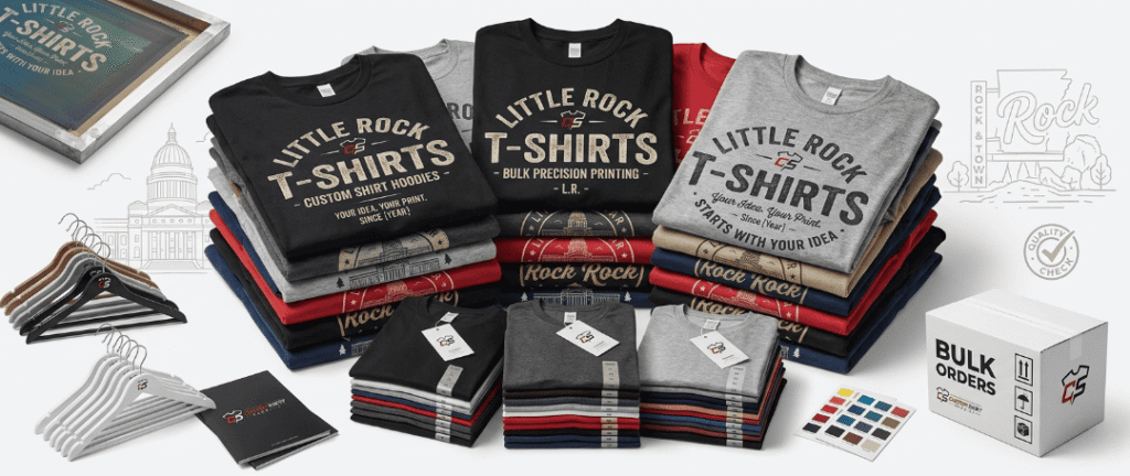 Bulk t-shirt printing production in Little Rock custom apparel for businesses schools and organizations near Park Plaza