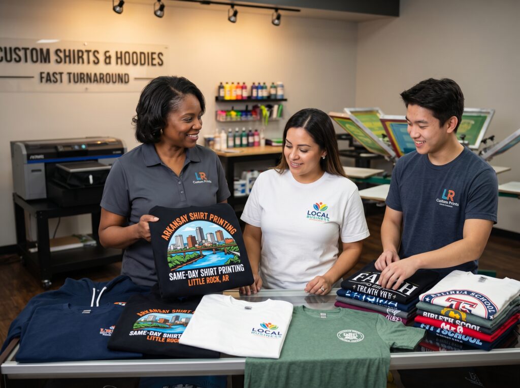 A team of three smiling print shop professionals standing behind a glass counter, showcasing a custom black hoodie with a vibrant Little Rock skyline graphic, highlighting the speed and quality of premium same-day shirt printing little rock.