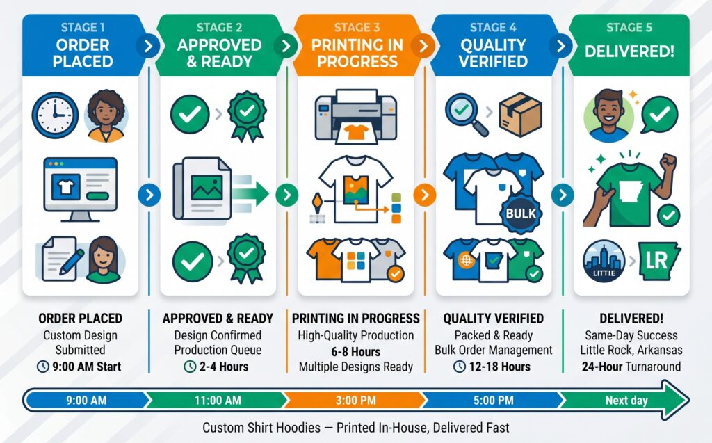 Same-day shirt printing Little Rock production timeline — 5 stages from order placed to delivery at Custom Shirt Hoodies Park Plaza