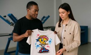 A man and a woman in a print shop smiling while holding up a custom-printed white t-shirt featuring a vibrant cartoon bird design, showcasing the rapid, high-quality results of professional same day t-shirt printing.