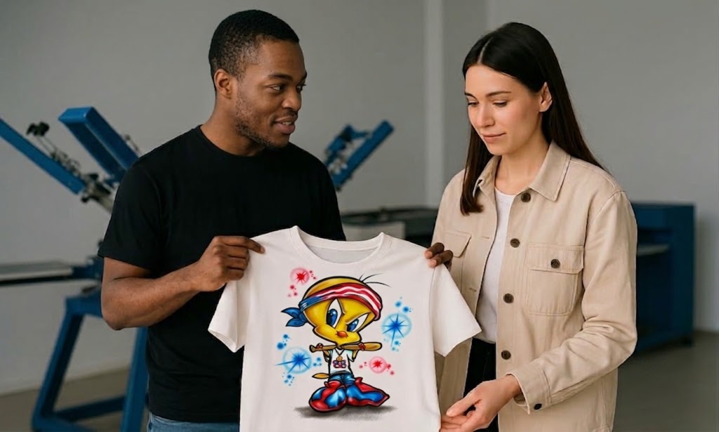 A man and a woman in a print shop smiling while holding up a custom-printed white t-shirt featuring a vibrant cartoon bird design, showcasing the rapid, high-quality results of professional same day t-shirt printing.