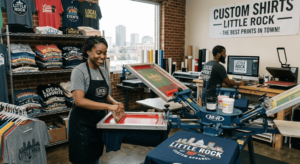 Best t-shirt printing in Little Rock — Different methods like screen printing, DTG, puff, and sublimation displayed on custom hoodies and shirts